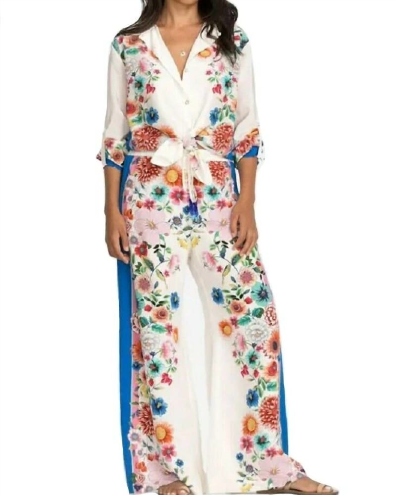 Front of a model wearing a size Large Kailani Easy Pant in Multi in Multi by Johnny Was. | dia_product_style_image_id:339061